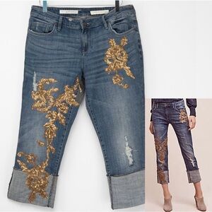 Anthropologie Pilcro Hyphen Jeans Gold Sequins Cropped Cuff Size 29 Petite